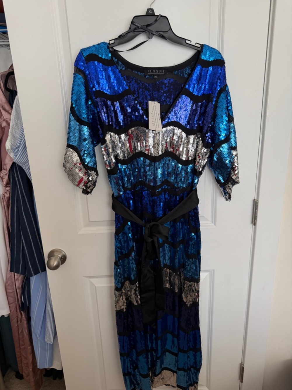 Eloquii Blue and Silver Sequin V-Neck Midi with Black Satin Tie NWT